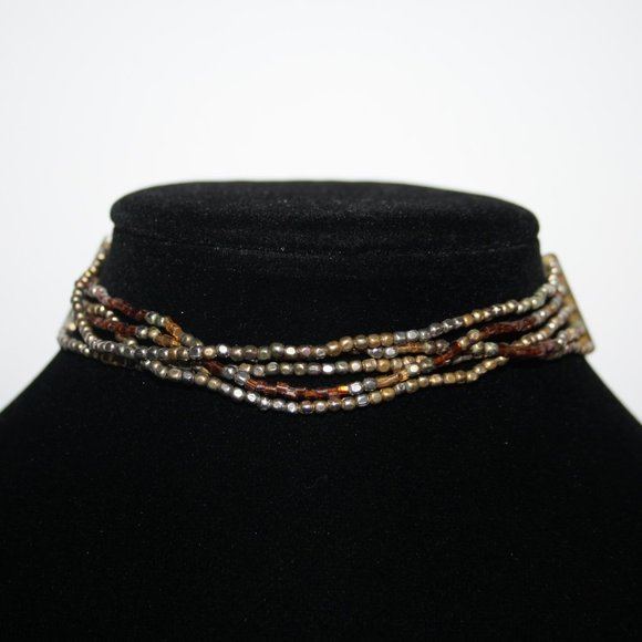 Silver gold & brown choker beaded necklace